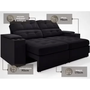 Sofá com Porta Copos e Carregador USB Eureka 1,70m Assento Retrátil e Reclinável Velosuede Preto - Image 2