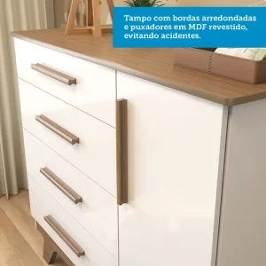 Cômoda Infantil 1 Porta 4 Gavetas em MDF Kakau Retrô Móveis Peroba Branco Brilho/Carvalho - Image 2