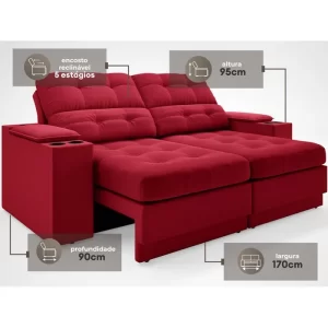 Sofá com Porta Copos e Carregador USB Eureka 1,70m Assento Retrátil e Reclinável Velosuede Vermelho - Image 2