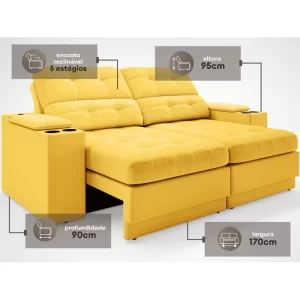 Sofá com Porta Copos e Carregador USB Eureka 1,70m Assento Retrátil e Reclinável Velosuede Canário - Image 2