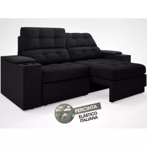 Sofá com Porta Copos e Carregador USB Eureka 1,70m Assento Retrátil e Reclinável Velosuede Preto - Image 6