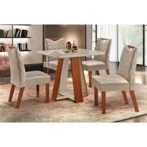 Conjunto Sala de Jantar Mesa 90x90cm Tampo Vidro/MDF com 4 Cadeiras Grécia Espresso Móveis Castanho Prêmio/Off White