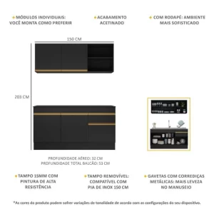 Cozinha Compacta com Rodapé Veneza MP2114 com Armário e Balcão Preta Preto - Image 5
