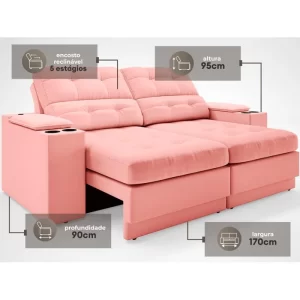 Sofá com Porta Copos e Carregador USB Eureka 1,70m Assento Retrátil e Reclinável Velosuede Rosê - Image 2