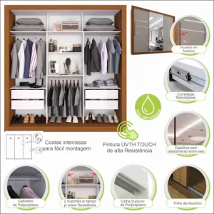 Guarda-Roupa Casal 3 Portas com Espelho Central e 4 Gavetas Costa Rica - Cinamomo/Off-White - Image 3