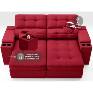 Sofá com Porta Copos e Carregador USB Eureka 1,70m Assento Retrátil e Reclinável Velosuede Vermelho - Image 4