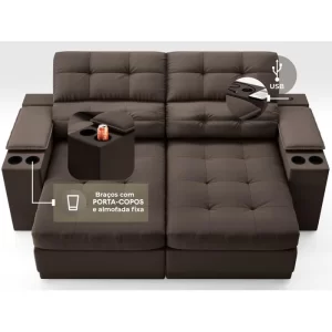 Sofá com Porta Copos e Carregador USB Eureka 1,70m Assento Retrátil e Reclinável Velosuede Chocolate - Image 4