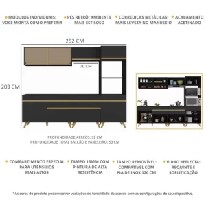 Cozinha Completa 5 Peças com Armário e Balcão Mp3715 Veneza Gb Preta Preto - Image 6