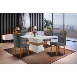 Mesa 120cm Clarice e 4 Cadeiras Valentina Rufato Linho Grafite/Off White/imbuia