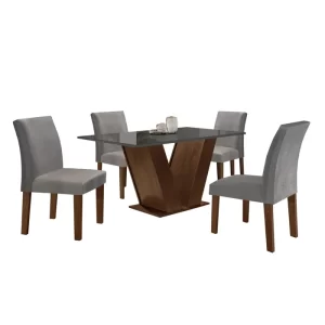 Conjunto Sala de Jantar Mesa Tampo de Vidro 4 Cadeiras Espanha Yescasa Chocolate/Grafite/Suede Cinza - Image 14