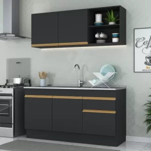 Cozinha Compacta com Rodapé Veneza MP2114 com Armário e Balcão Preta Preto