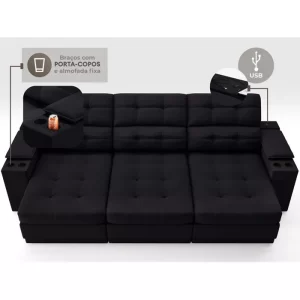 Sofá com Porta Copos e Carregador USB Eureka 2,30m Assento Retrátil e Reclinável Velosuede Preto - Image 3