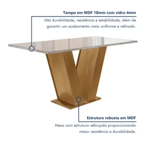 Conjunto Sala de Jantar Mesa Tampo de Vidro 4 Cadeiras Espanha Yescasa Ypê/Off White/Tecido Pena - Image 2