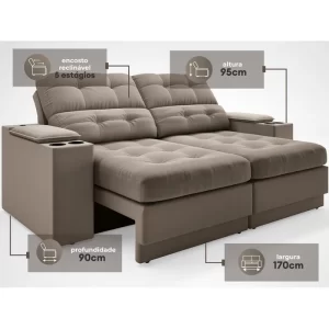 Sofá com Porta Copos e Carregador USB Eureka 1,70m Assento Retrátil e Reclinável Velosuede Capuccino - Image 2