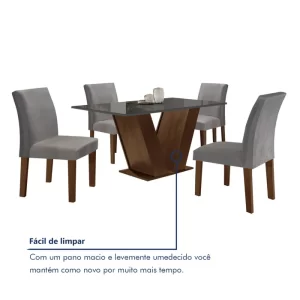 Conjunto Sala de Jantar Mesa Tampo de Vidro 4 Cadeiras Espanha Yescasa Chocolate/Grafite/Suede Cinza - Image 8
