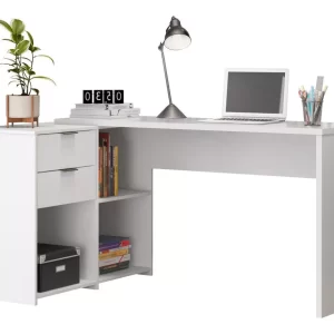 Mesa Computador Escritório Com 2 Gavetas Canto Em L Branca - Image 5