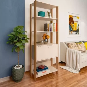 Estante Para Livros Com 4 Prateleiras 1 Porta Basculante Carvalho/Off White