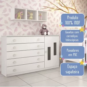 Cômoda De Bebê 5 Gavetas 1 Porta Branco - Image 7