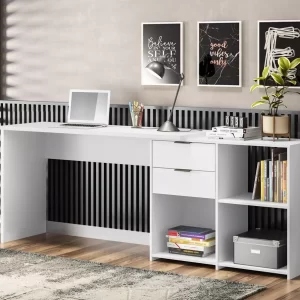 Mesa Computador Escritório Com 2 Gavetas Canto Em L Branca - Image 1