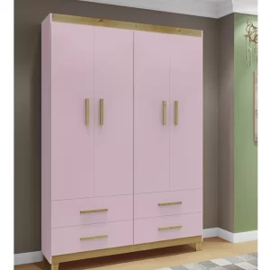 Guarda Roupa De Bebê 4 Portas 4 Gavetas Rosa/Pinus - Image 1