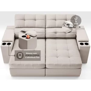 Sofá com Porta Copos e Carregador USB Eureka 1,70m Assento Retrátil e Reclinável Velosuede Areia - Image 4