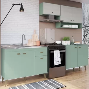 Cozinha Completa com Armário e 2 Balcões Atena 5 Casamia - Verde Bellagio e Snow