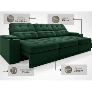Sofá com Porta Copos e Carregador USB Eureka 2,30m Assento Retrátil e Reclinável Velosuede Verde - Image 2