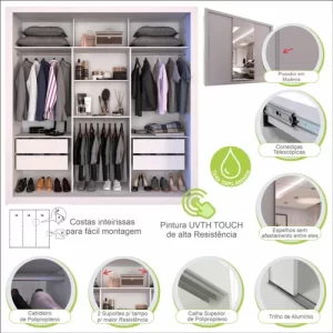 Guarda-Roupa Casal 3 Portas com Espelho Central e 4 Gavetas Costa Rica - Branco - Image 2