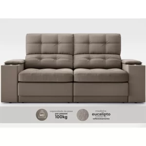 Sofá com Porta Copos e Carregador USB Eureka 1,70m Assento Retrátil e Reclinável Velosuede Capuccino - Image 3