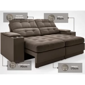 Sofá com Porta Copos e Carregador USB Eureka 1,70m Assento Retrátil e Reclinável Velosuede Marrom - Image 6