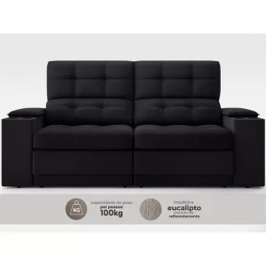 Sofá com Porta Copos e Carregador USB Eureka 1,70m Assento Retrátil e Reclinável Velosuede Preto - Image 3