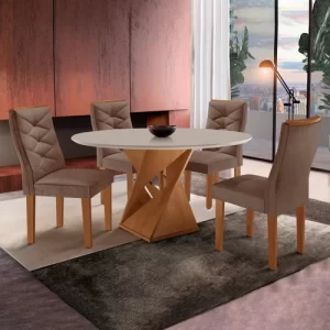 Conjunto Sala de Jantar Mesa Tampo Redondo Plus 100x100cm com 4 Cadeiras Barcelona Yescasa Cinamomo/Off White/Suede Animale