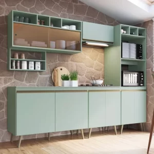 Cozinha Completa 6 Peças com Portas em Vidro Reflecta e Porta Temperos One Casamia - Verde Bellagio Verde Bellagio