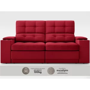 Sofá com Porta Copos e Carregador USB Eureka 1,70m Assento Retrátil e Reclinável Velosuede Vermelho - Image 3