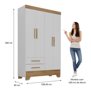 Quarto Infantil Completo Guarda Roupa 4 Portas 2 Gavetas com Cômoda Liz Espresso Móveis Branco Fosco/Nature - Image 6