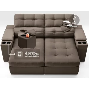 Sofá com Porta Copos e Carregador USB Eureka 1,70m Assento Retrátil e Reclinável Velosuede Marrom - Image 4