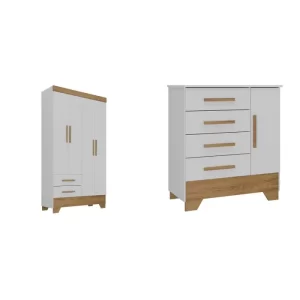 Quarto Infantil Completo Guarda Roupa 4 Portas 2 Gavetas com Cômoda Liz Espresso Móveis Branco Fosco/Nature - Image 2