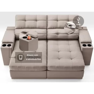 Sofá com Porta Copos e Carregador USB Eureka 1,70m Assento Retrátil e Reclinável Velosuede Bege - Image 4