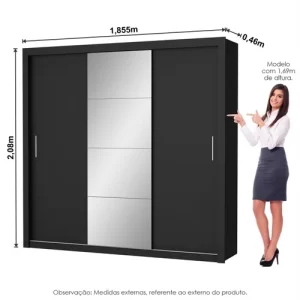 Guarda-Roupa Casal 3 Portas com Espelho Max Plus Preto - Image 2