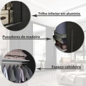 Guarda-Roupa Casal 3 Portas 4 Gavetas Costa Rica Sallêto Móveis Preto - Image 7