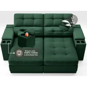Sofá com Porta Copos e Carregador USB Eureka 1,70m Assento Retrátil e Reclinável Velosuede Verde - Image 3