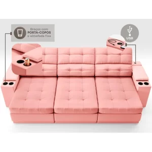 Sofá com Porta Copos e Carregador USB Eureka 2,30m Assento Retrátil e Reclinável Velosuede Rosê - Image 4