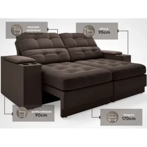 Sofá com Porta Copos e Carregador USB Eureka 1,70m Assento Retrátil e Reclinável Velosuede Chocolate - Image 2