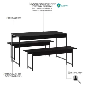 Conjunto Mesa de Jantar com 2 Bancos Estilo Industrial Active Yescasa Preto Onix - Image 5