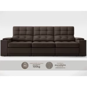 Sofá com Porta Copos e Carregador USB Eureka 2,30m Assento Retrátil e Reclinável Velosuede Chocolate - Image 3