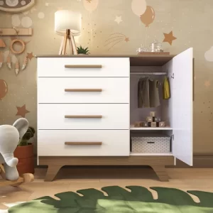Cômoda Infantil 1 Porta 4 Gavetas em MDF Kakau Retrô Móveis Peroba Branco Brilho/Carvalho - Image 3