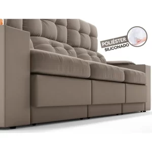 Sofá com Porta Copos e Carregador USB Eureka 2,30m Assento Retrátil e Reclinável Velosuede Capuccino - Image 5