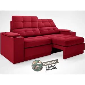 Sofá com Porta Copos e Carregador USB Eureka 1,70m Assento Retrátil e Reclinável Velosuede Vermelho - Image 6