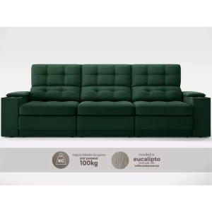 Sofá com Porta Copos e Carregador USB Eureka 2,30m Assento Retrátil e Reclinável Velosuede Verde - Image 3