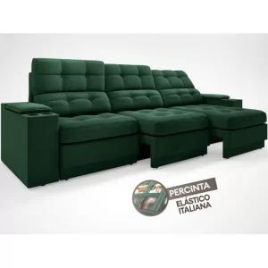 Sofá com Porta Copos e Carregador USB Eureka 2,30m Assento Retrátil e Reclinável Velosuede Verde - Image 6